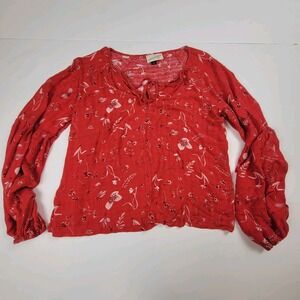 Universal Thread red floral long-sleeve blouse balloon sleeves Womens Size...